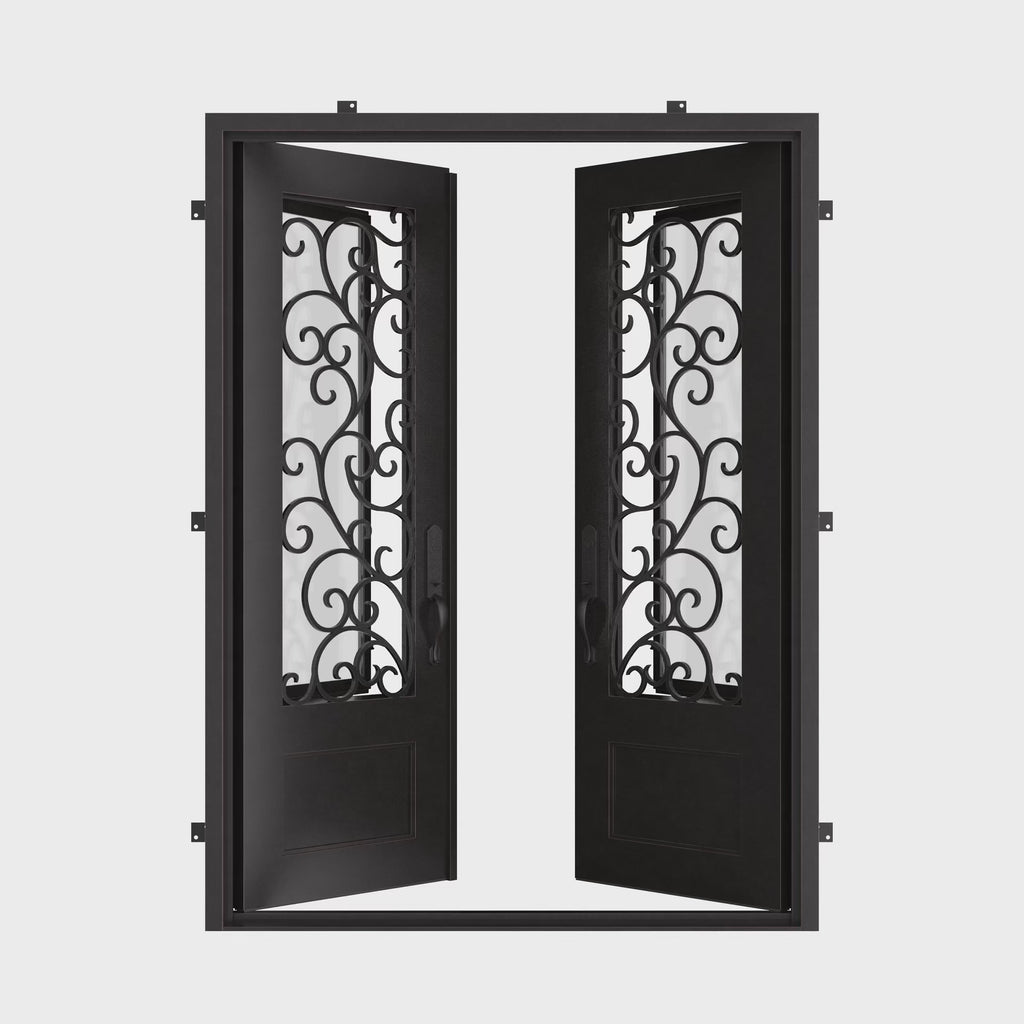 Story black exterior wrought iron double square top patio door.