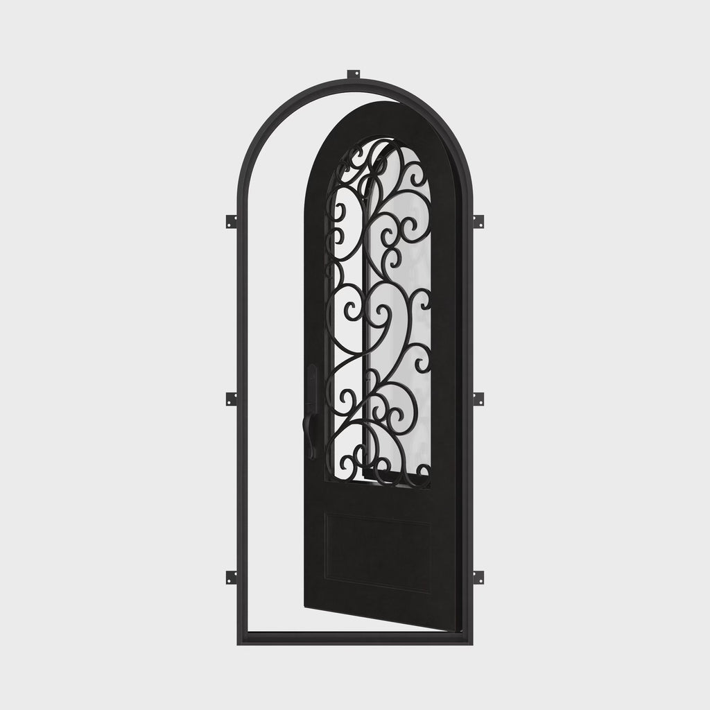 Story exterior full arch door thermally broken in matte black color.