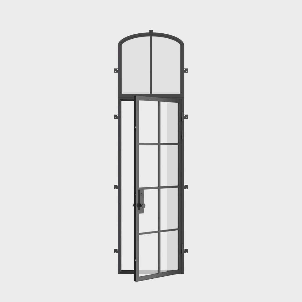 Single flat prehung steel door with mini arch top light, NFRC certified architectural steel