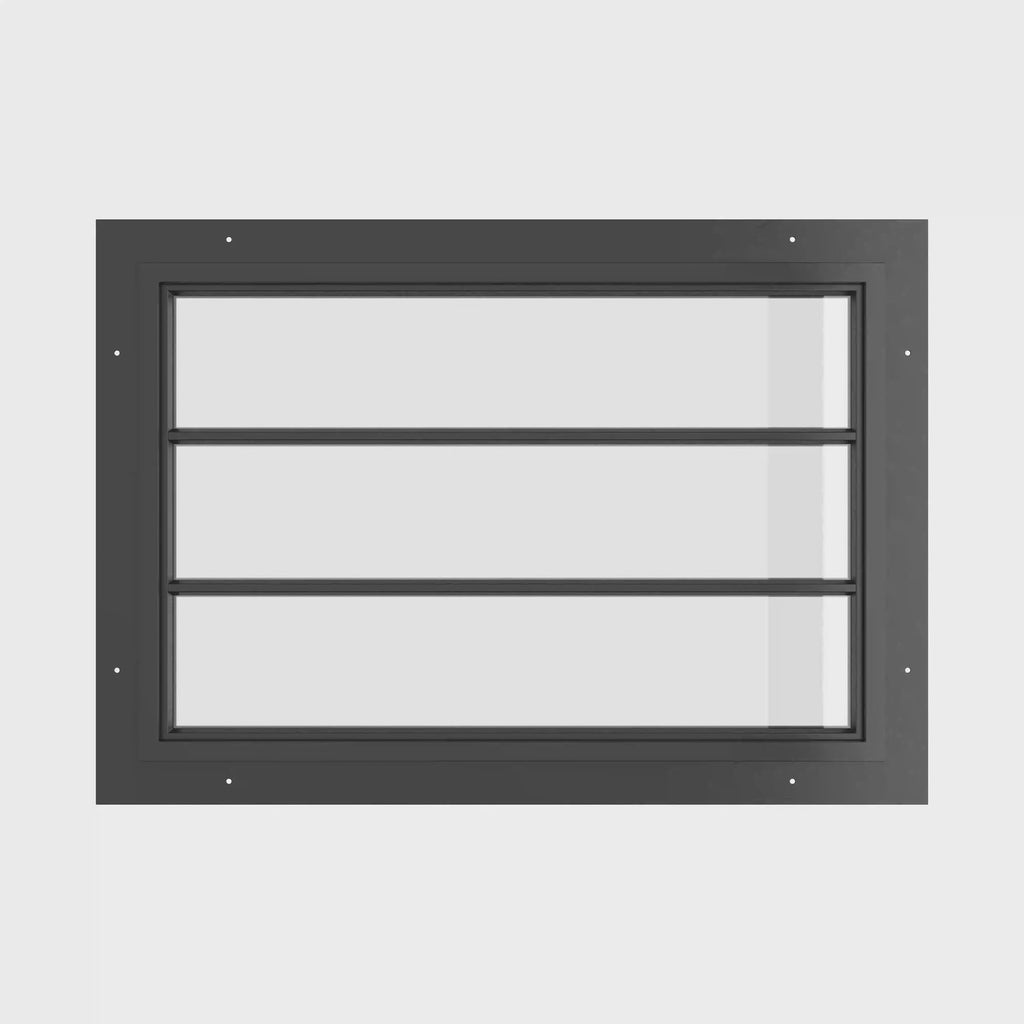 fixed landscape steel window with dual horizontal muntins