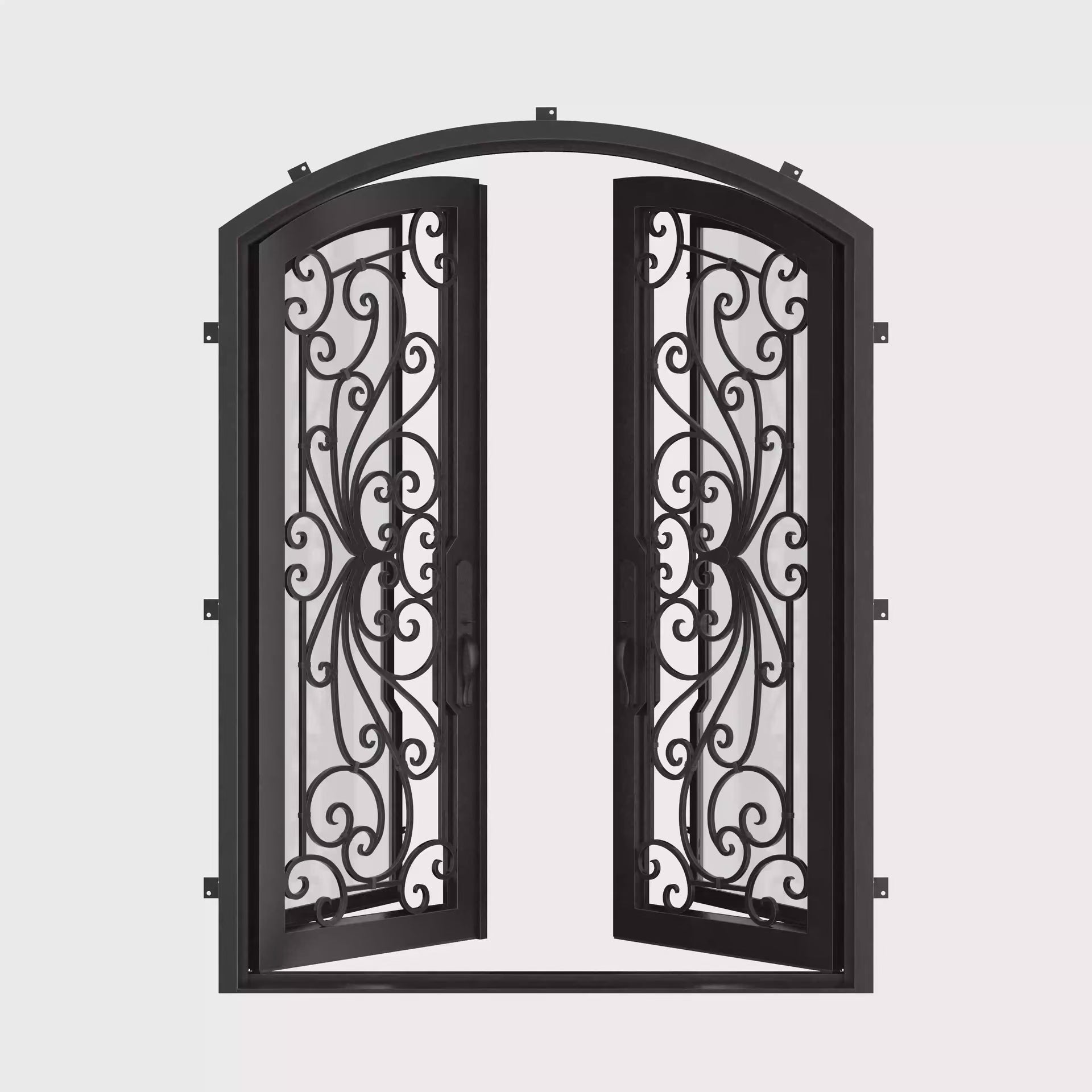 Miracle bronze hued double iron door with arched entry and efficient glass.