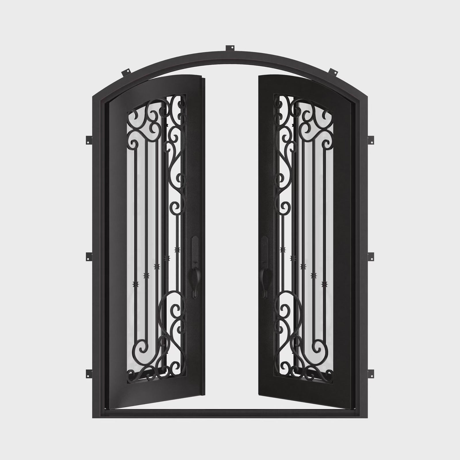 Paris arched entry double door in bronze color with clear glass.