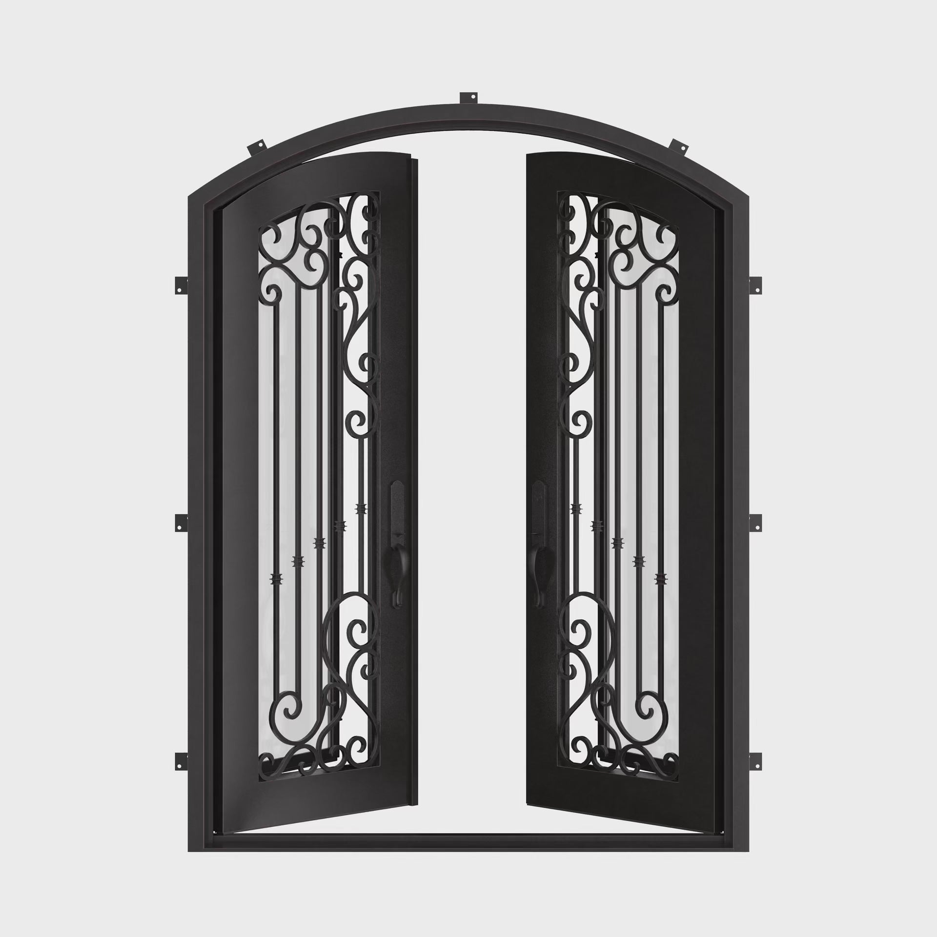 Paris arched entry double door in bronze color with clear glass.