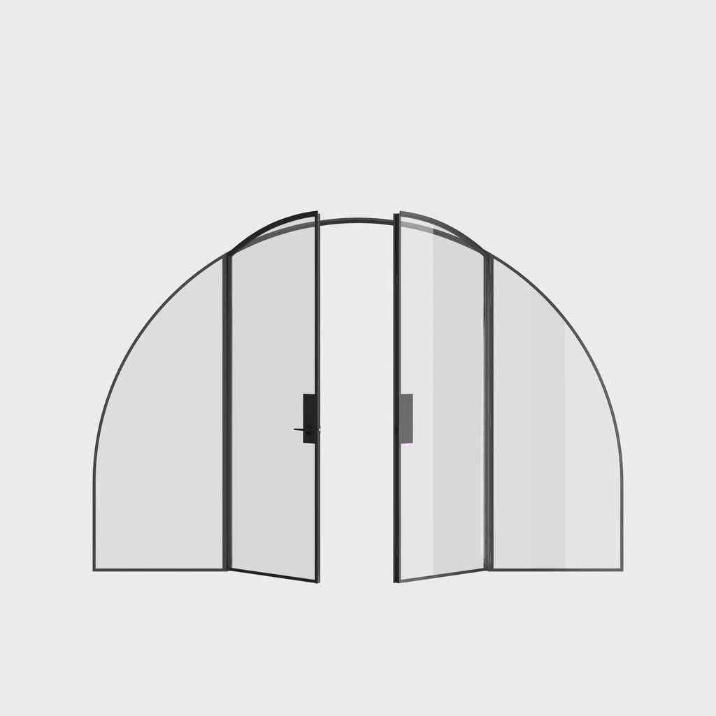Narrow-profile wide double arch steel door with side glass and refined proportions.