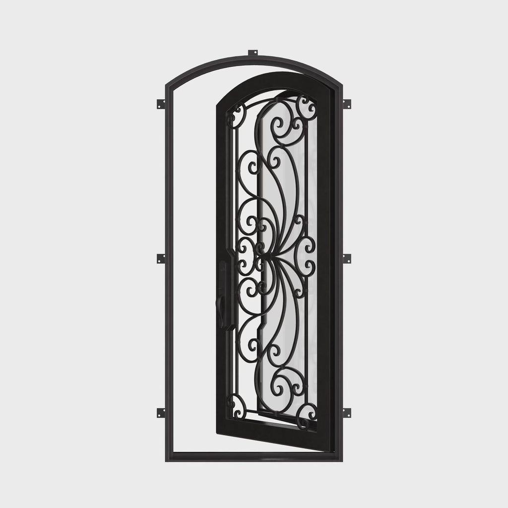 Miracle thermally broken single flat entry door in bronze color.