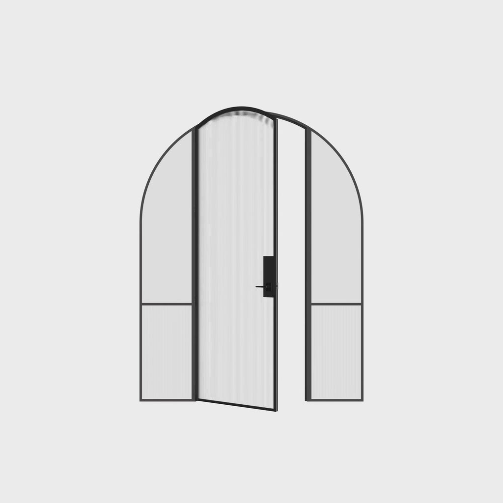 Minimalist interior steel full arch door with sidelights, Air Grand OTTOSTUMM steel frame with narrow glass panels