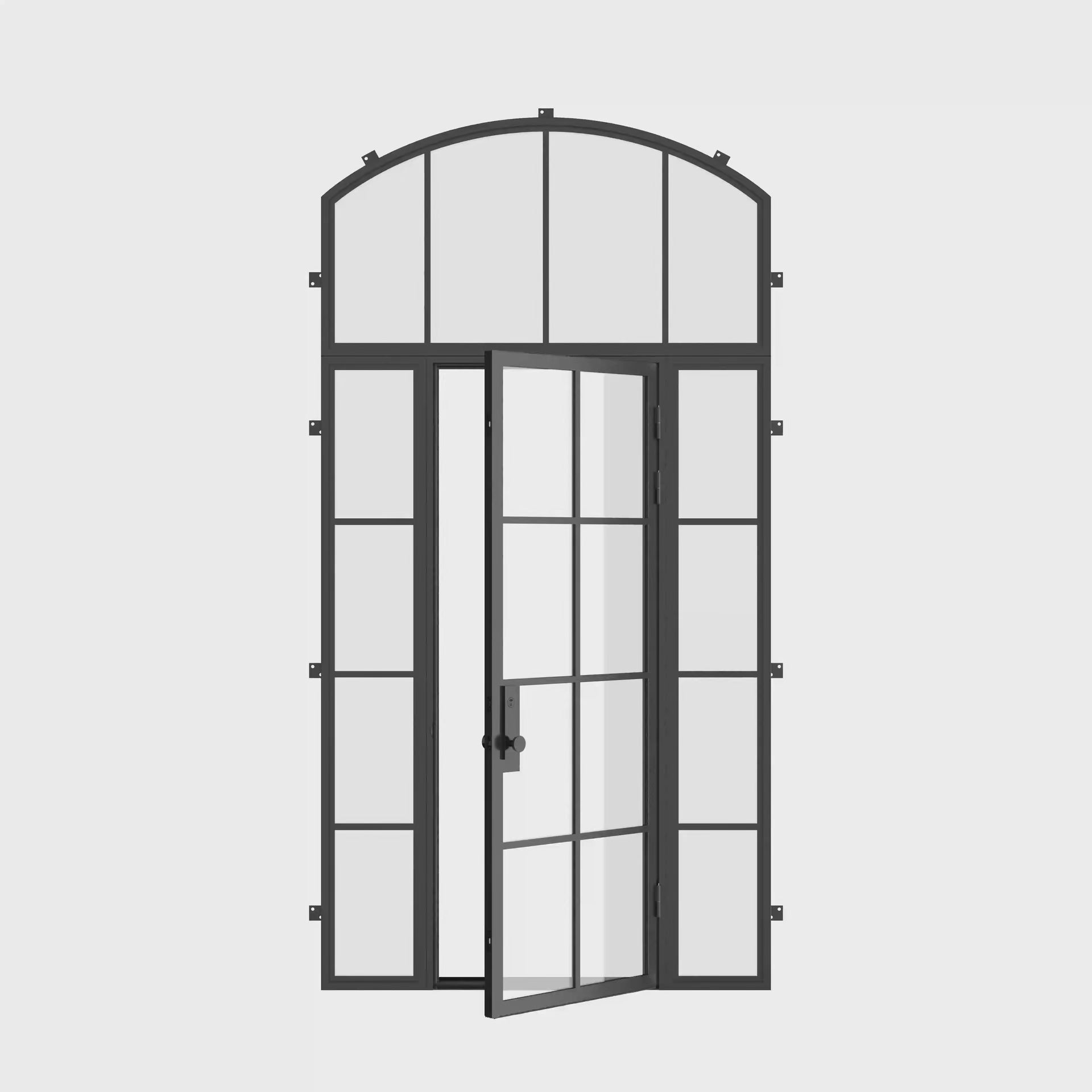 Air 5 single flat exterior steel door with side windows and arched transom glass