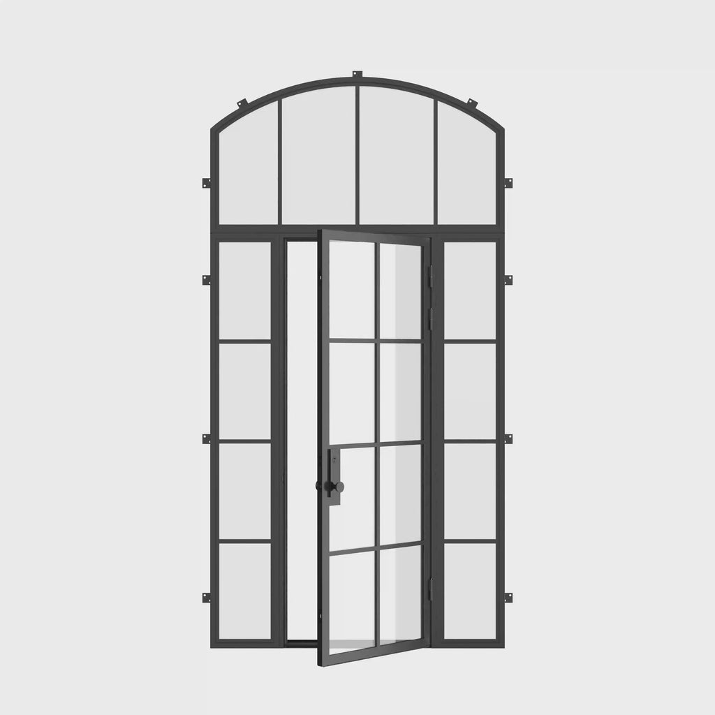 Air 5 single flat exterior steel door with side windows and arched transom glass
