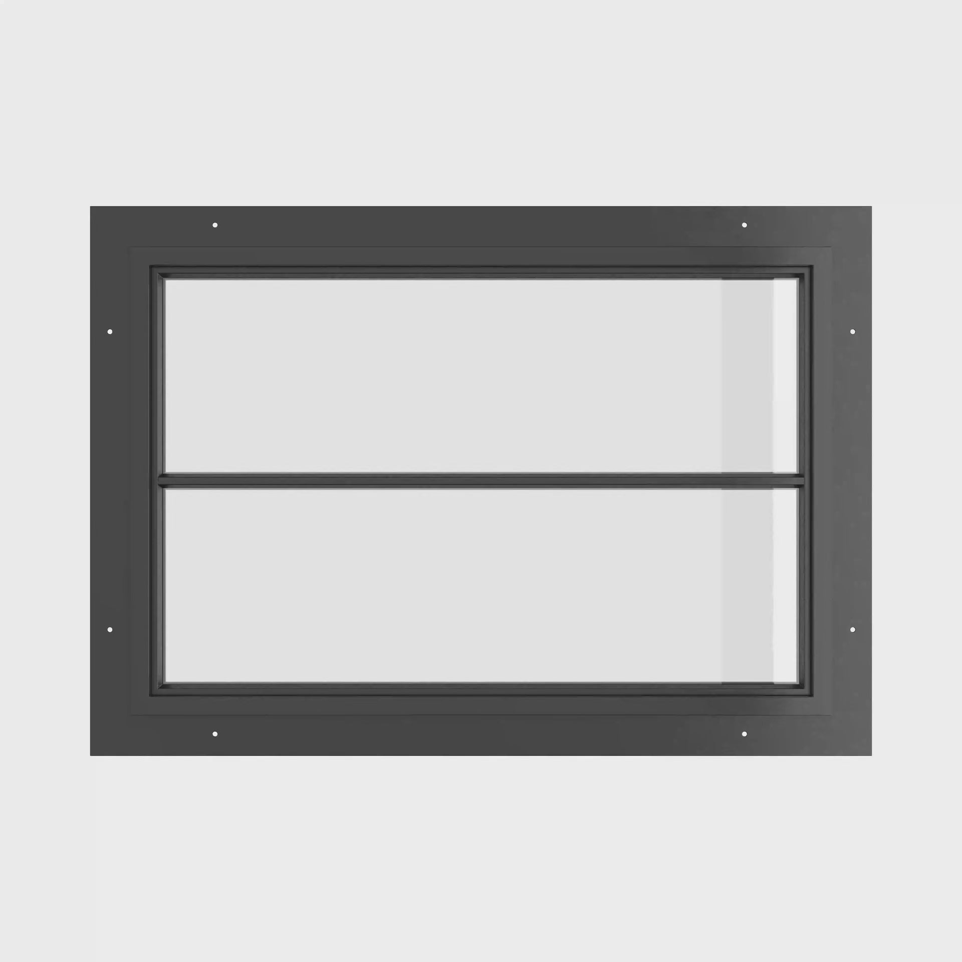 fixed landscape steel window with single horizontal gridline and slim frame