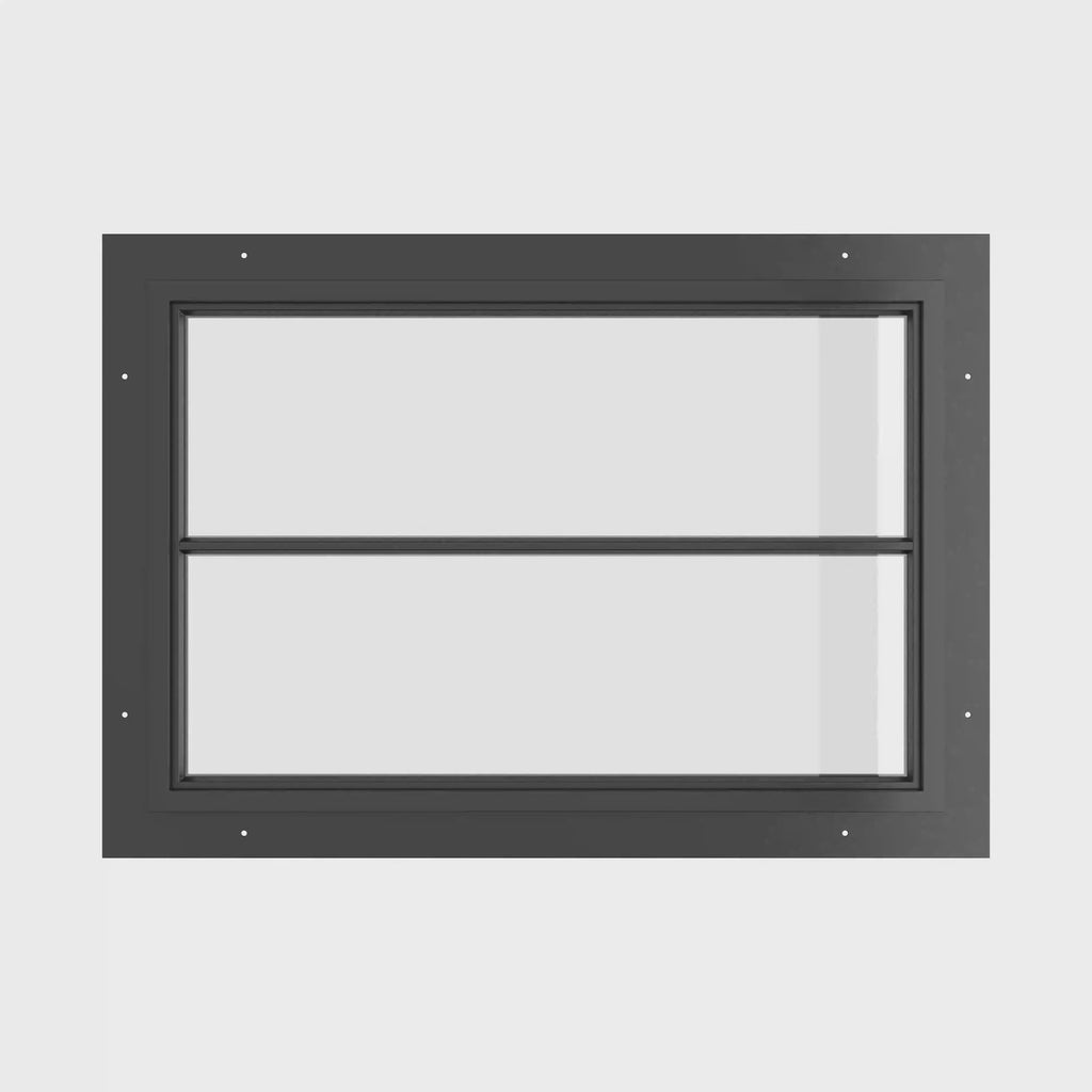 fixed landscape steel window with single horizontal gridline and slim frame
