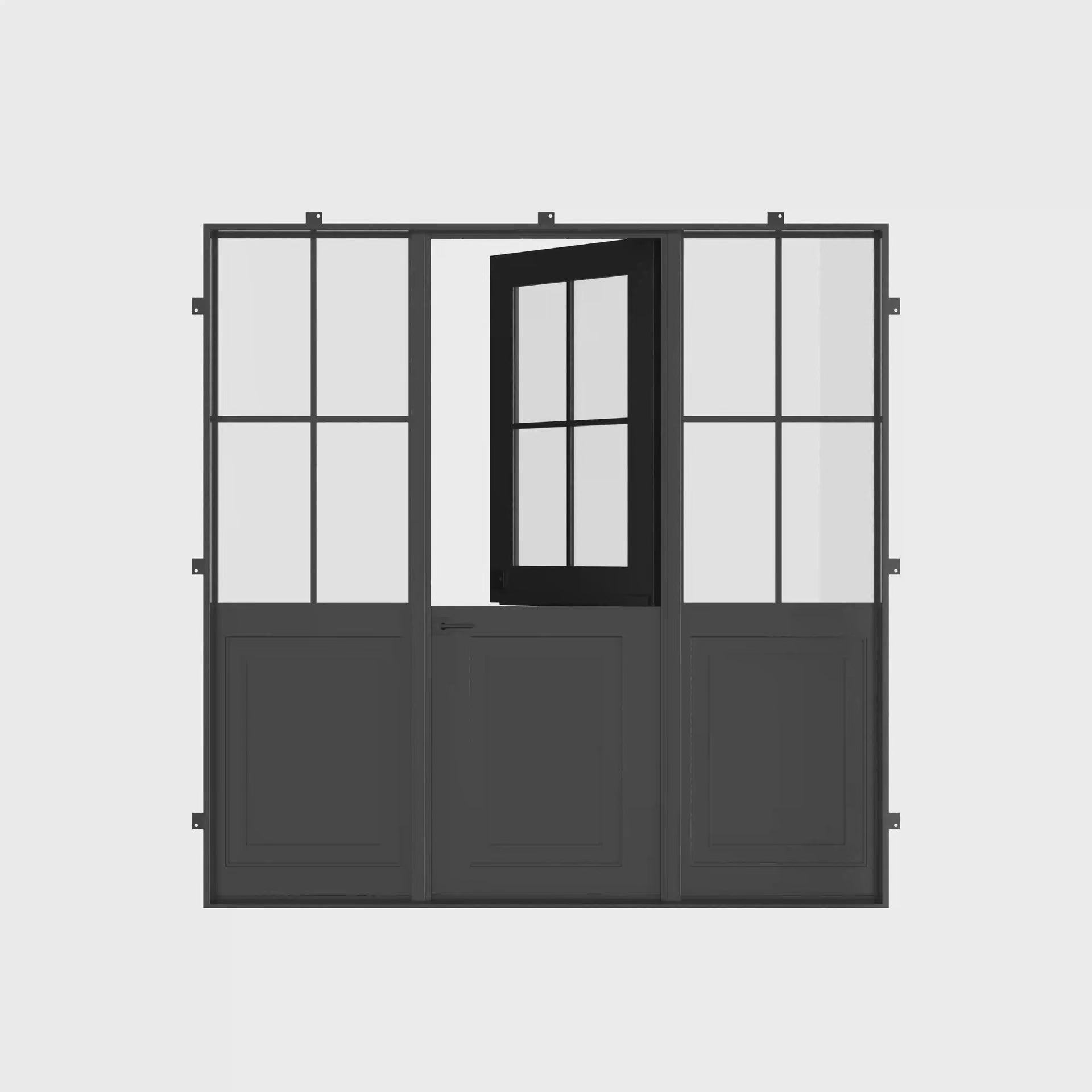 Air Getty Dutch single flat steel front door with sidelights and split Dutch design