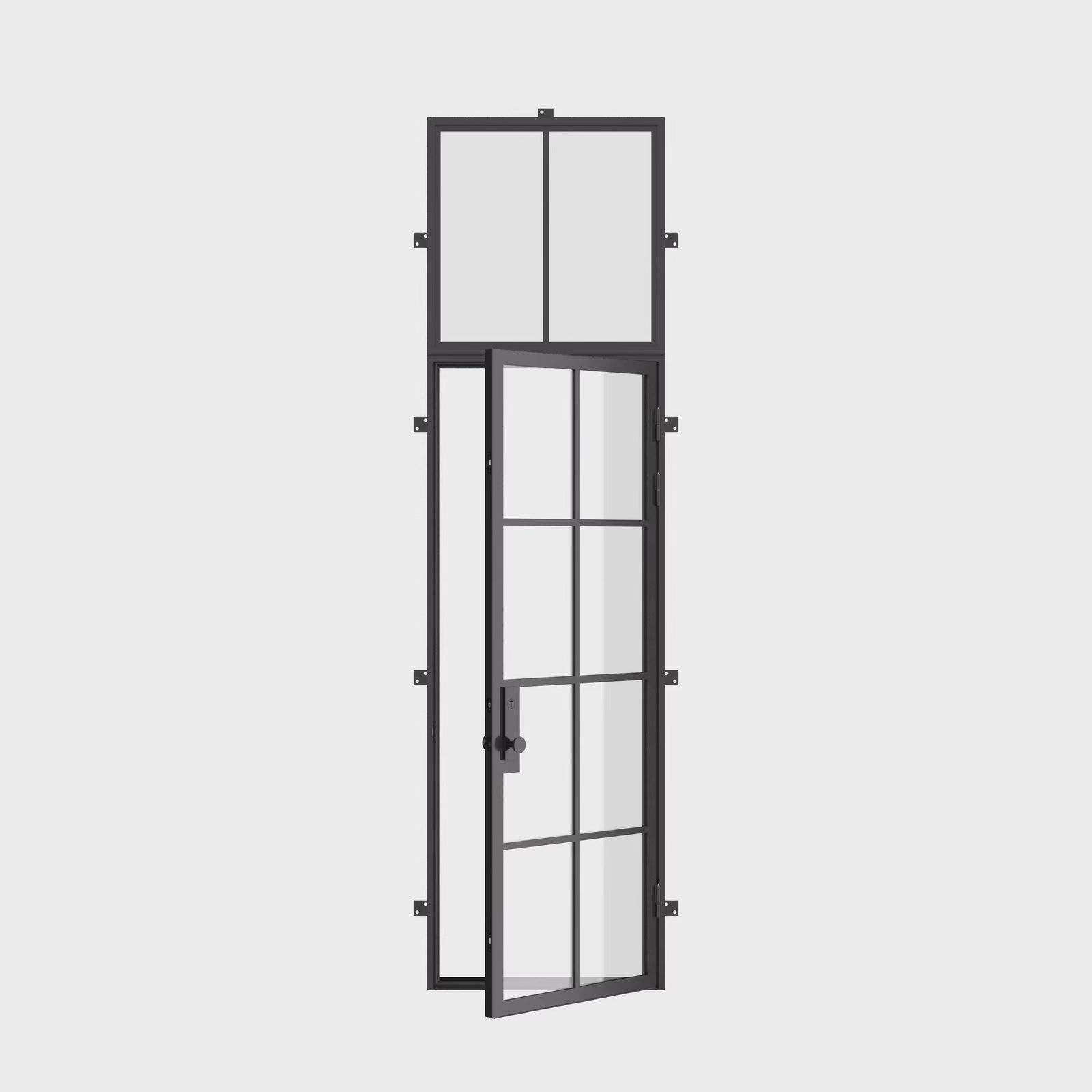 Contemporary single flat steel door with flat top window and cold-rolled frame