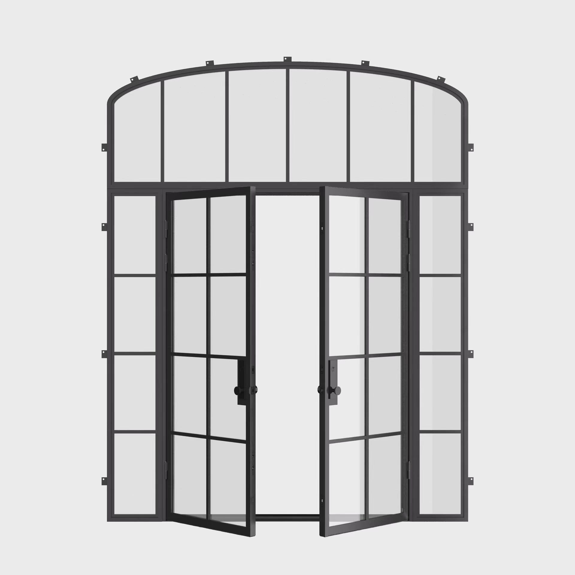 Air 5 double flat exterior steel door with side windows and mini arch glass