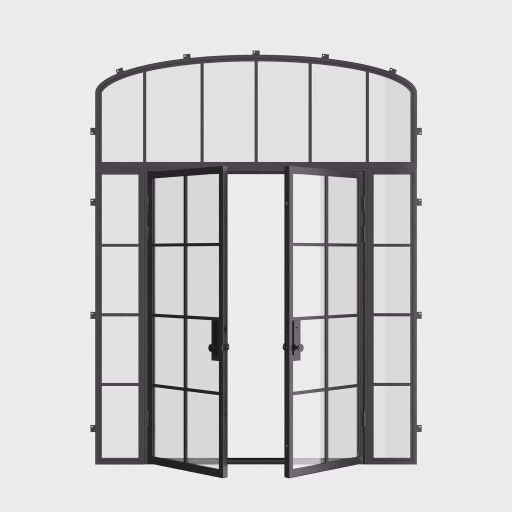 Air 5 double flat exterior steel door with side windows and mini arch glass