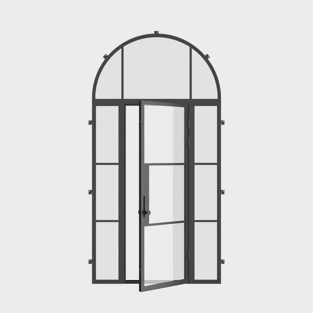 Air 4 single flat luxury steel door with side windows and arch top, painted finish