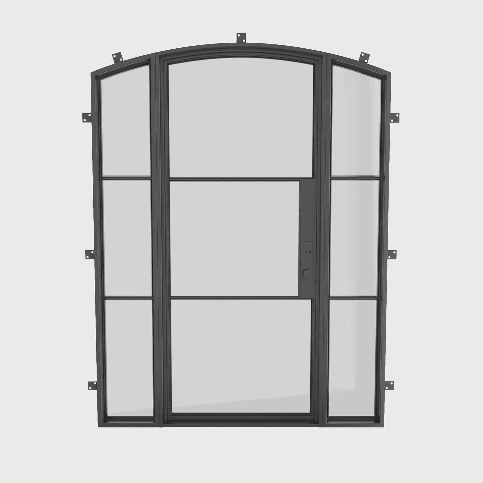 Architectural arched steel exterior door with insulated glass sides