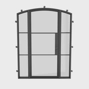 Architectural arched steel exterior door with insulated glass sides