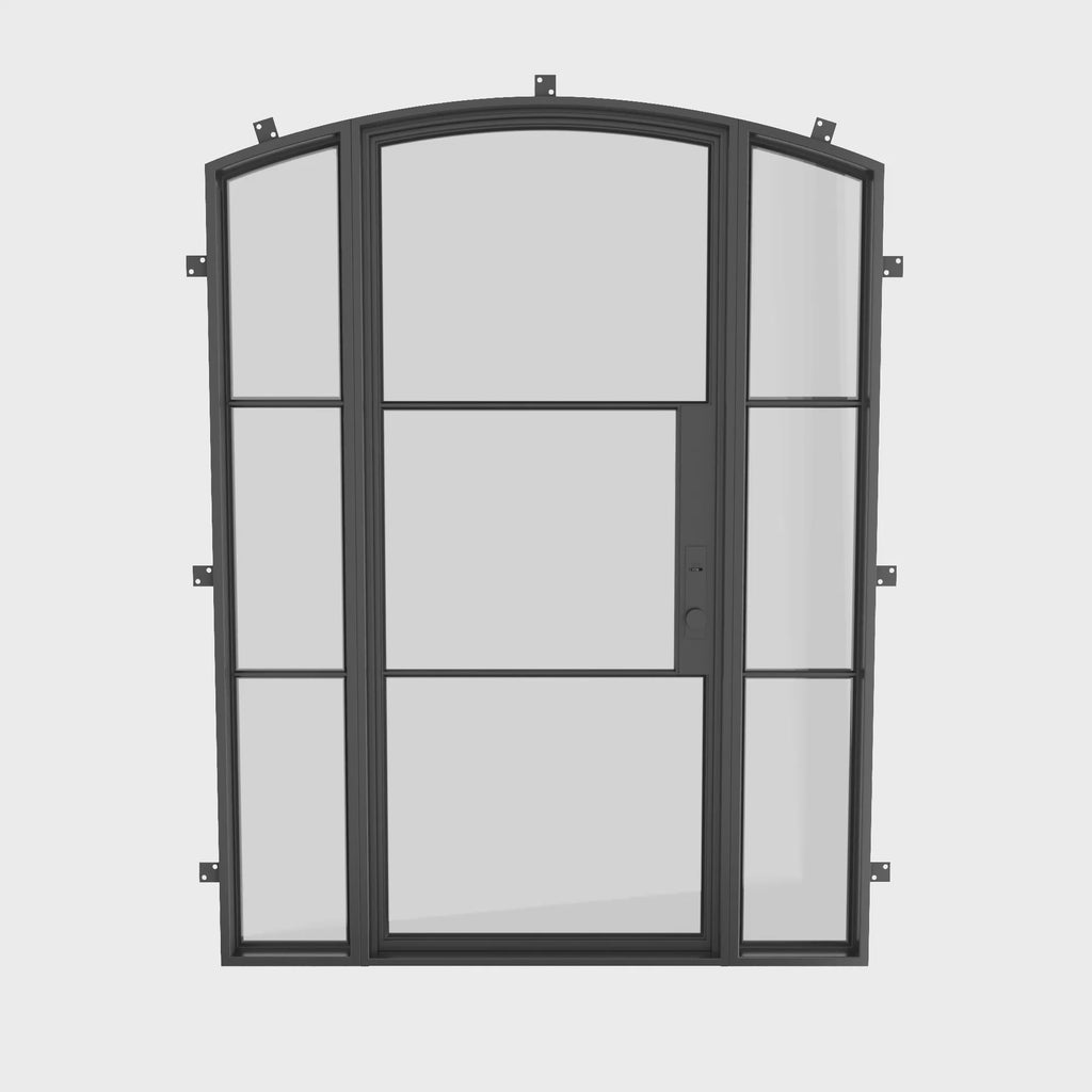 Architectural arched steel exterior door with insulated glass sides