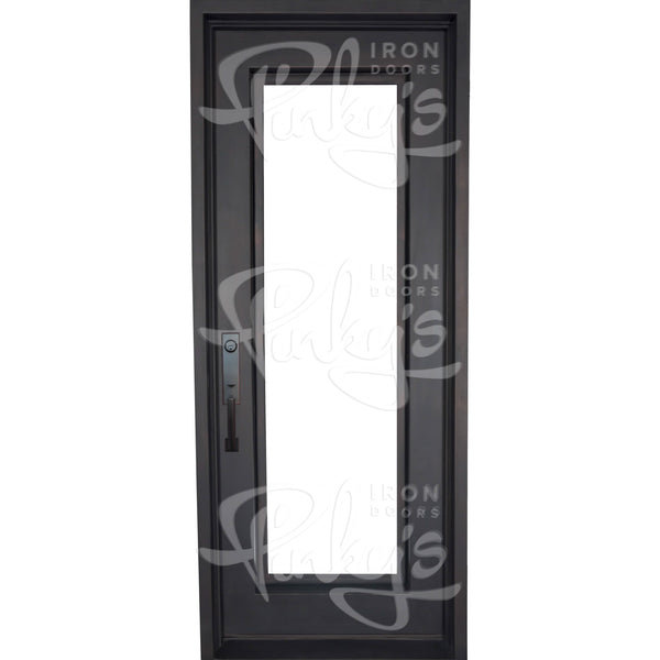 Standard Architectural bronze iron flat top single swing door with dual-pane glass.