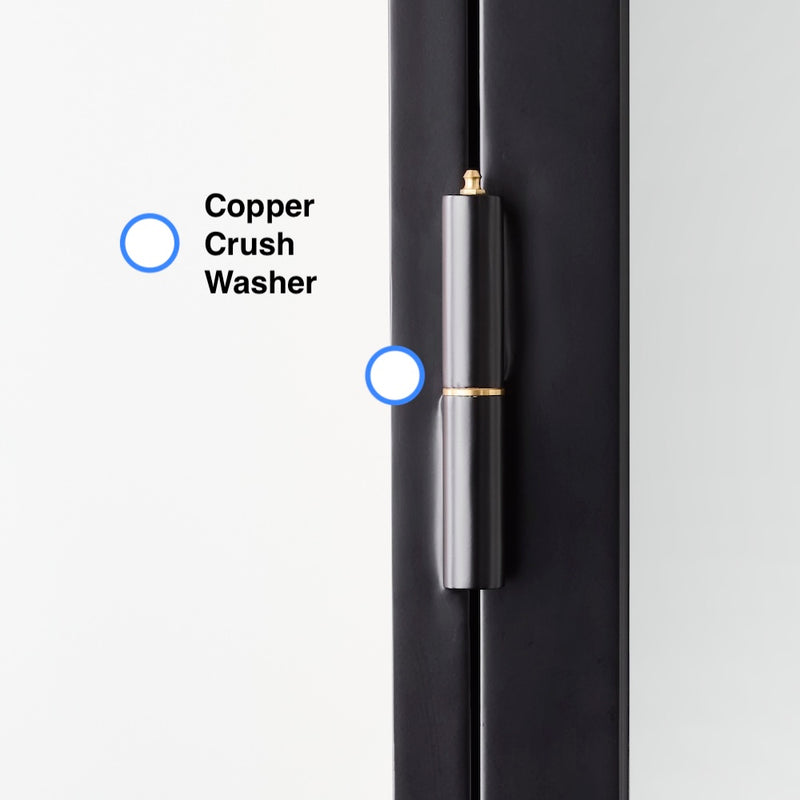 metal bullet hinge with copper crush wash on steel door with glass inserts