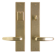 Large stepped entry hardware for exterior iron doors in bronze material.