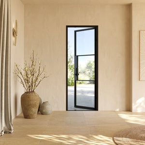 insulated swinging single flat glass door with divided lites and black frame