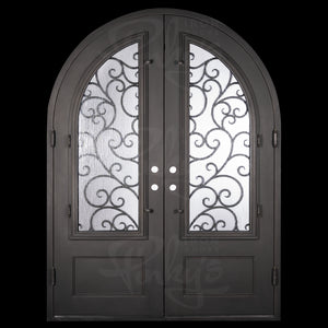 Double entryway doors with 3/4 length panes of glass behind intricate iron detailing. Doors feature a full arch and are thermally broken to protect from extreme weather.