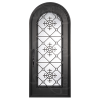 Single entryway door with a full length pane of glass behind intricate iron detailing. Door features a full arch and is thermally broken to protect from extreme weather.