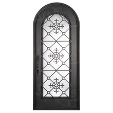 Load image into Gallery viewer, Single entryway door with a full length pane of glass behind intricate iron detailing. Door features a full arch and is thermally broken to protect from extreme weather.