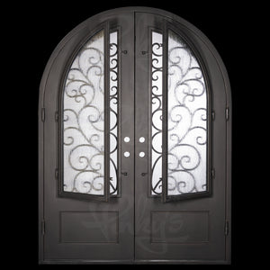 Double entryway doors with 3/4 length panes of glass behind intricate iron detailing. Doors feature a full arch and are thermally broken to protect from extreme weather.