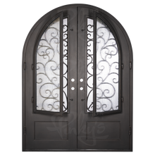 Load image into Gallery viewer, Double entryway doors with 3/4 length panes of glass behind intricate iron detailing. Doors feature a full arch and are thermally broken to protect from extreme weather.