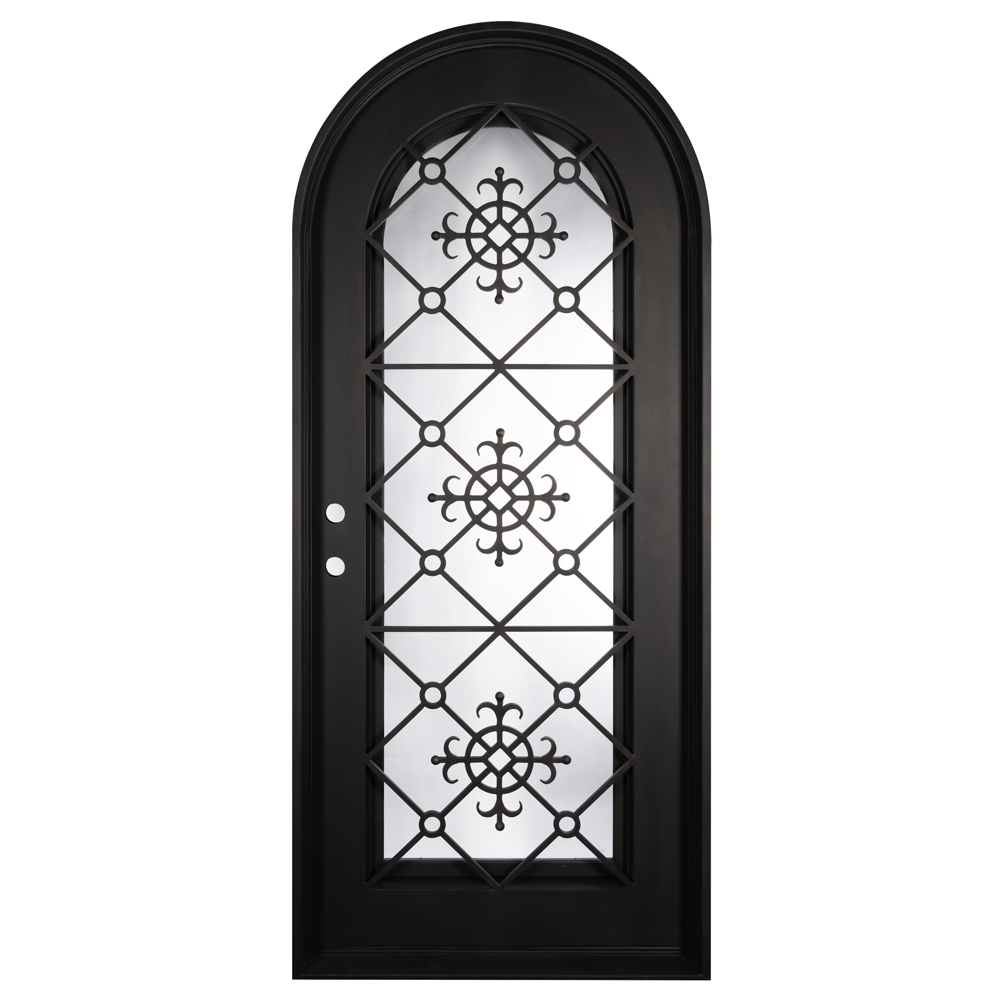 Single entryway door with a full length pane of glass behind intricate iron detailing. Door features a full arch and is thermally broken to protect from extreme weather.
