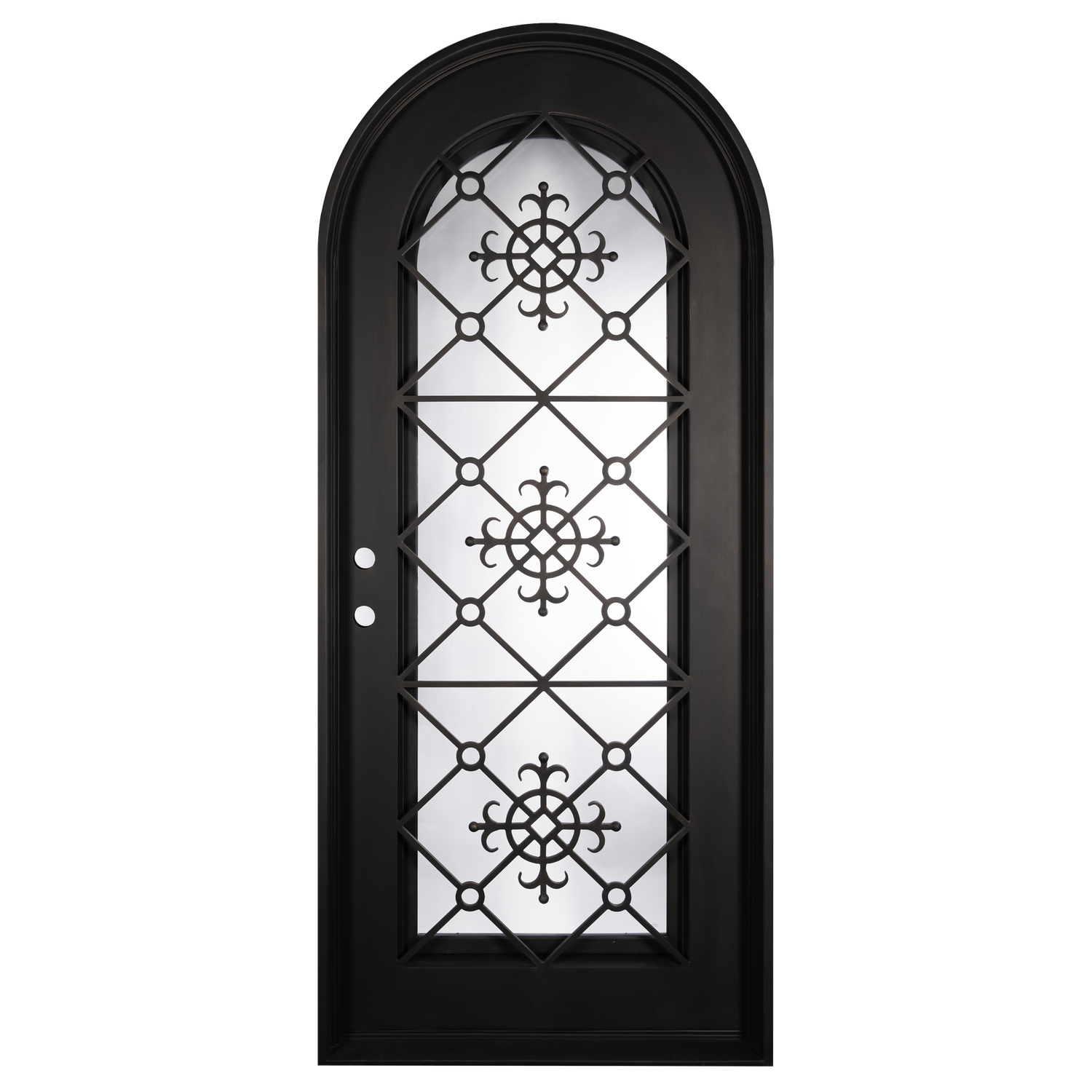 Single entryway door with a full length pane of glass behind intricate iron detailing. Door features a full arch and is thermally broken to protect from extreme weather.