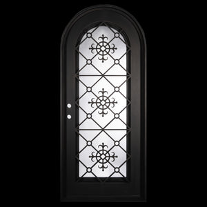 Single entryway door with a full length pane of glass behind intricate iron detailing. Door features a full arch and is thermally broken to protect from extreme weather.