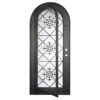 Single entryway door with a full length pane of glass behind intricate iron detailing. Door features a full arch and is thermally broken to protect from extreme weather.