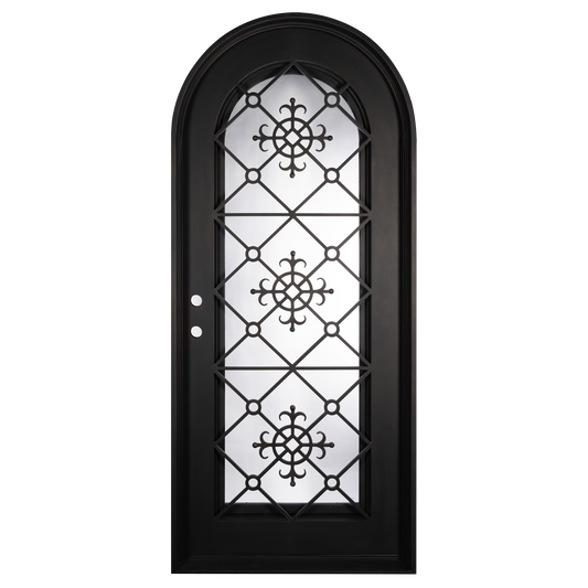 Single entryway door with a full length pane of glass behind intricate iron detailing. Door features a full arch and is thermally broken to protect from extreme weather.