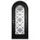 Single entryway door with a full length pane of glass behind intricate iron detailing. Door features a full arch and is thermally broken to protect from extreme weather.