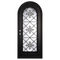 Single entryway door with a full length pane of glass behind intricate iron detailing. Door features a full arch and is thermally broken to protect from extreme weather.