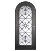 San Francisco full arch top door for cold weather with hand forged design in black color.