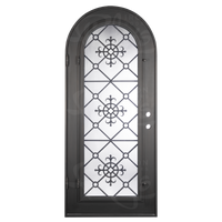 Single entryway door with a full length pane of glass behind intricate iron detailing. Door features a full arch and is thermally broken to protect from extreme weather.