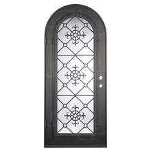 Load image into Gallery viewer, Single entryway door with a full length pane of glass behind intricate iron detailing. Door features a full arch and is thermally broken to protect from extreme weather.