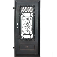 Single entryway door made from thick iron. Door has a 3/4 glass panel behind intricate iron detailing and is thermally broken to protect from extreme weather.