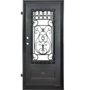 Single entryway door made from thick iron. Door has a 3/4 glass panel behind intricate iron detailing and is thermally broken to protect from extreme weather.
