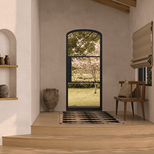 Mini Arched Black single opening steel door with 3 tempered glass panes held by dividers for Patio or entry door - PINKYS