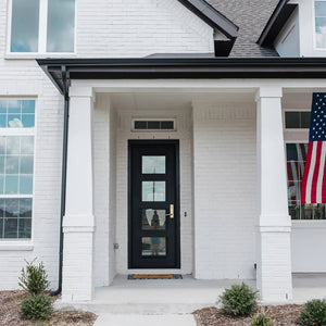 Steel and iron single door used for entryways with a full-length glass panel that opens and 4 horizontal dividers. Door is thermally broken to protect from extreme weather.