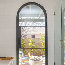 Load image into Gallery viewer, Single iron door with 3 glass panels and a full arch on top. Door is thermally broken to protect from extreme weather.