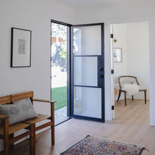 Load image into Gallery viewer, Single door made with a thin iron frame featuring two thin horizontal bars across a full length glass panel. Door is thermally broken to protect from extreme weather.