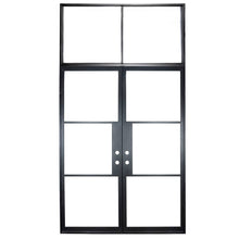 Load image into Gallery viewer, Double doors made of iron with 3 glass panels on each side and a two-paned transom on top. Doors are thermally broken to protect from extreme weather.