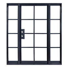 Load image into Gallery viewer, Double doors made of iron with 8 panels of glass on each side and 4 sidelights. Doors are thermally broken to protect from extreme weather.