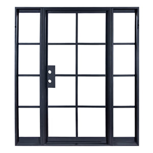 Double doors made of iron with 8 panels of glass on each side and 4 sidelights. Doors are thermally broken to protect from extreme weather.
